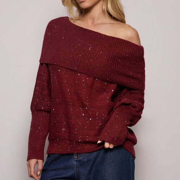 Burgundy Elegant Women's Sequin Off-Shoulder Sweater - Picture 6 of 8